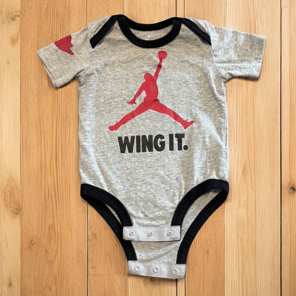 Jordan Baby Gray and Black Onesie with Red Logo